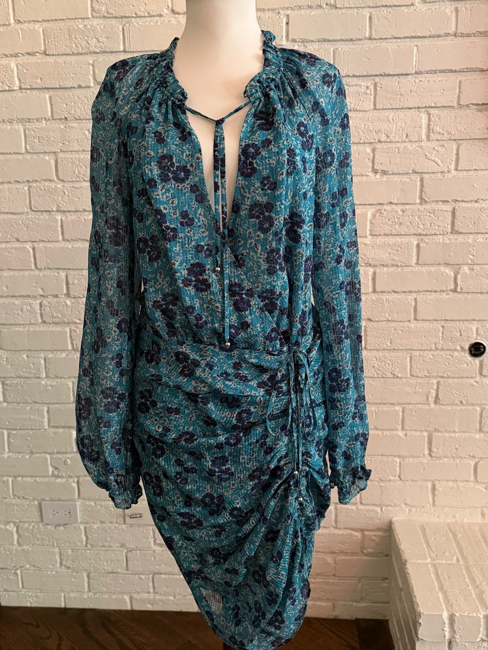 Veronica Beard Teal Blue Floral Long-Sleeve Dress